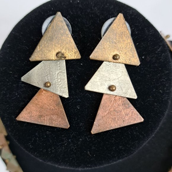 Vintage Mixed Metal Necklace & Earrings Triangle Shape Metal Pieces - Picture 10 of 16